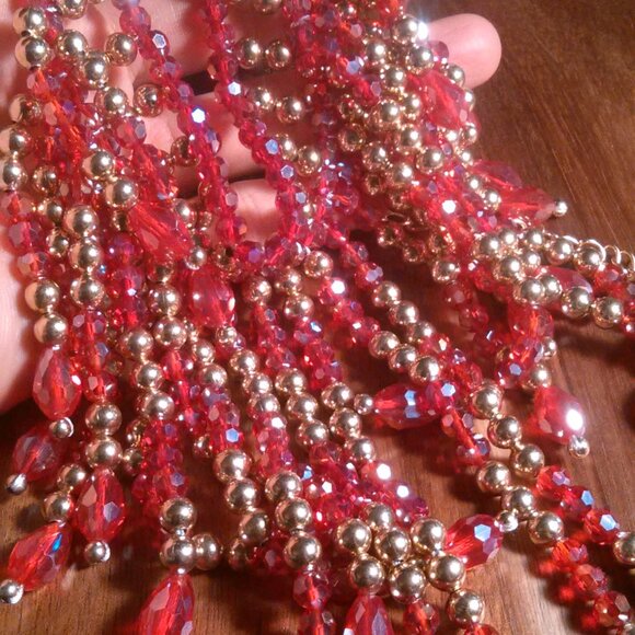 Red Glass and Beaded Waterfall Goldtone Necklace - Picture 15 of 16